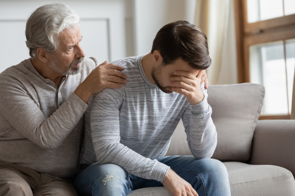 Loving,Senior,Caucasian,Father,Hug,Comfort,Upset,Depressed,Adult,Grownup 5 Ways Adult Children Are Impacted by Divorce